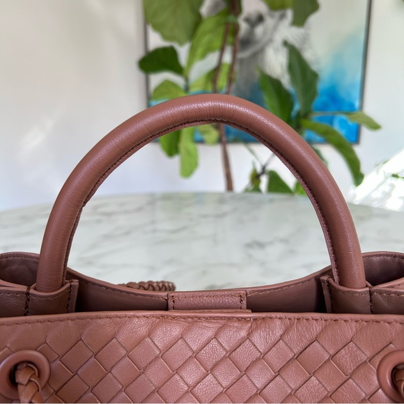 QUINCE Italian Leather Handwoven Mini Satchel Cognac Top Handle Shoulder Bag - Picture 13 of 16